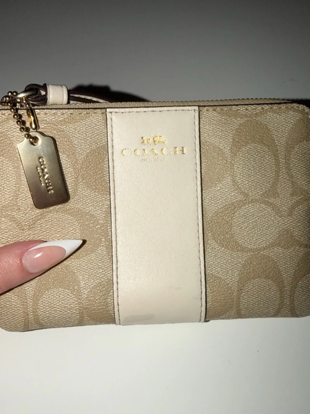 Coach Beige Signature Canvas Wristlet with Cream Center Stripe